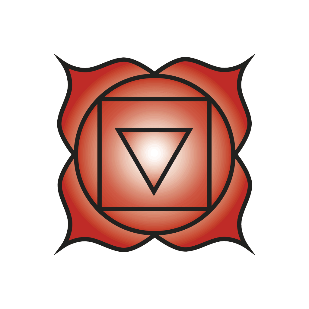 Muladhara (Root Chakra) 1 Symbol of the Muladara, or Root Chakra, featuring a red lotus with four petals and a downward-pointing triangle inside a square.