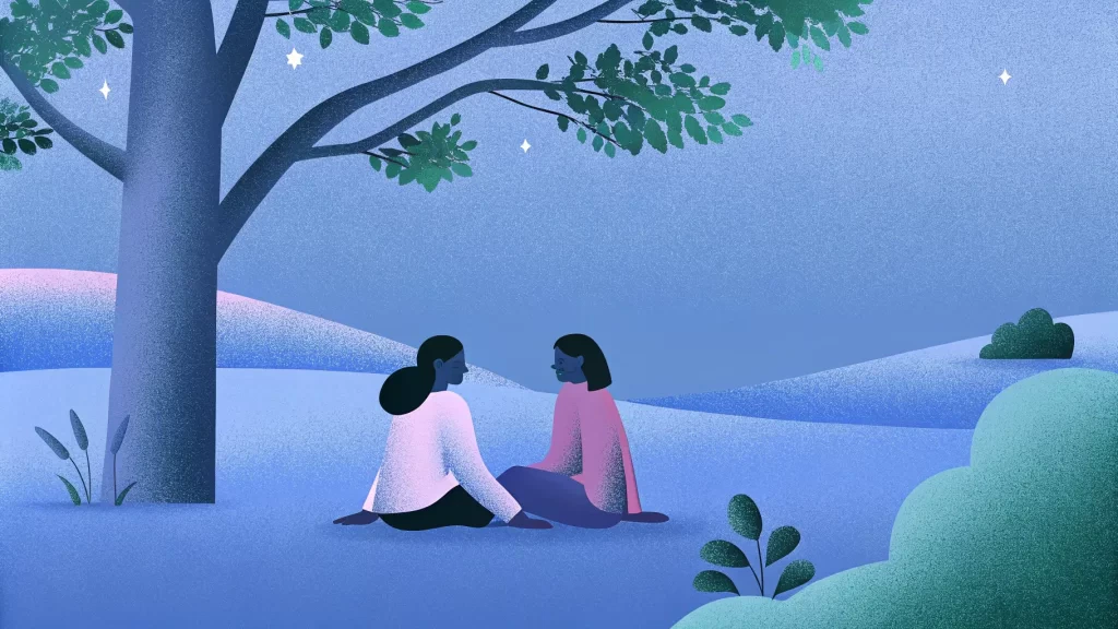 Two people sit under a tree in a serene, starry landscape with rolling hills, depicted in soft pastel colors. Their peaceful presence reflects healthy relationship boundaries, embraced by the calm of the night sky.