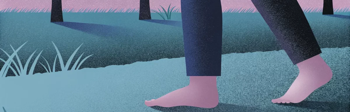 Illustration of bare feet walking on a path in a grassy field at dusk, with silhouetted trees and a gradient sky from pink to purple.