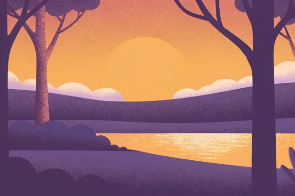 Sunset scene with trees silhouetted against an orange sky, a sun setting behind distant hills, and a reflective body of water in the foreground.