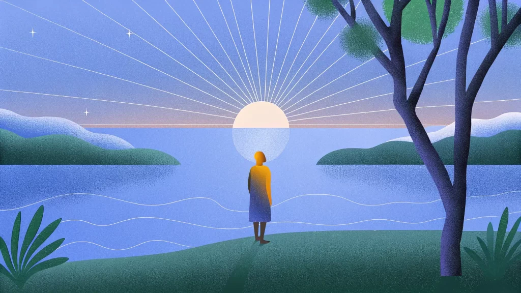 Harnessing Free Energy from Mother Earth 1 Person in yellow coat stands by a lake at sunrise, surrounded by trees and hills, with lines radiating from the sun.