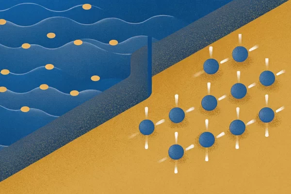 An abstract illustration with an EZ Water-inspired blue and mustard scheme showcases blue waves sprinkled with yellow dots on the left and a grid of blue circles connected by gray lines on the right, elegantly divided by a diagonal line.