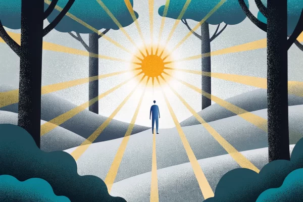 A person stands in a forest clearing under a bright sun, with rays extending across the scene. There are trees and rolling hills surrounding the figure.