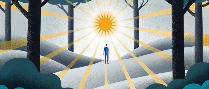 A person stands in a forest clearing under a bright sun, with rays extending across the scene. There are trees and rolling hills surrounding the figure.