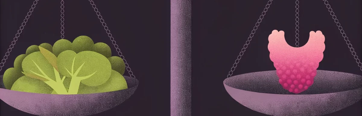 A balance scale with goitrogen broccoli on one side and a thyroid gland on the other, set against a dark background.
