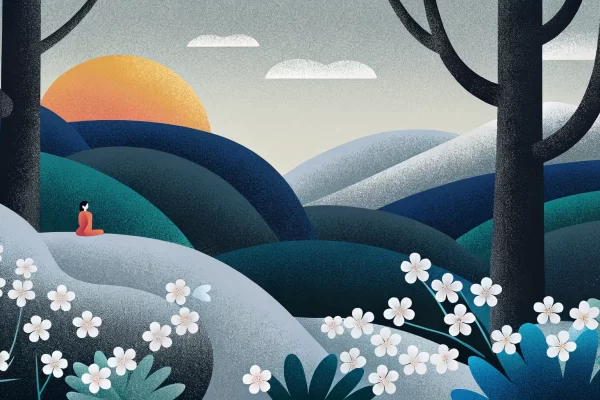 A person in red sits on a hill overlooking rolling hills and a setting sun. White flowers and tall trees frame the foreground under a cloudy sky.