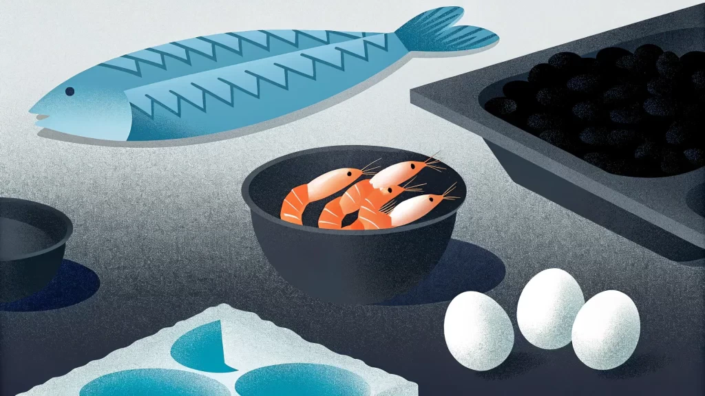 Illustration of a fish, shrimp in a bowl, a tray of black olives, three eggs, and a cloth napkin on a table—elements thoughtfully arranged for those mindful of their goitrogenic foods list to manage hypothyroidism.