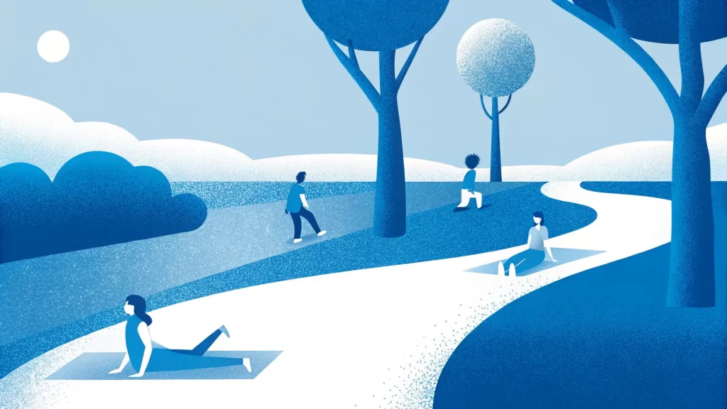 Illustration of people exercising and walking in a park with trees and pathways under a blue sky.