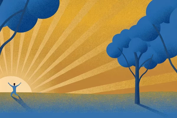 An illustration of a person stretching towards a rising sun, with stylized blue trees and rays of sunlight against a golden sky.