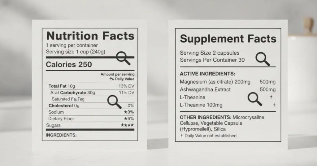 Close-up of a nutrition facts label beside a supplement facts label