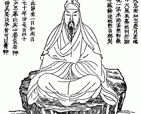 An illustration of a seated figure with a long beard and robe, sitting cross-legged on a low platform, surrounded by text in Chinese characters.