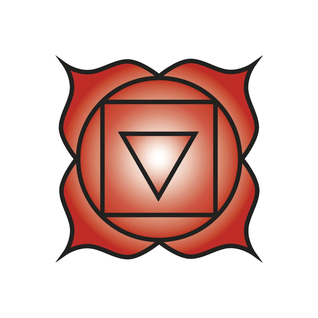Symbol of the Muladara, or Root Chakra, featuring a red lotus with four petals and a downward-pointing triangle inside a square.
