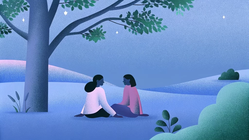 Nurturing Healthy Relationships 2 Two people sit under a tree in a serene, starry landscape with rolling hills, depicted in soft pastel colors. Their peaceful presence reflects healthy relationship boundaries, embraced by the calm of the night sky.