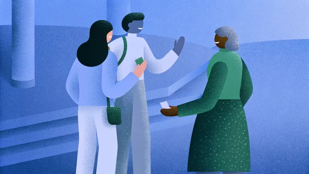 Nurturing Healthy Relationships 1 Three abstract figures engage in conversation outdoors, illustrating healthy relationship boundaries. One holds a phone, while another holds a card. The background is a blue-toned, stylized landscape.