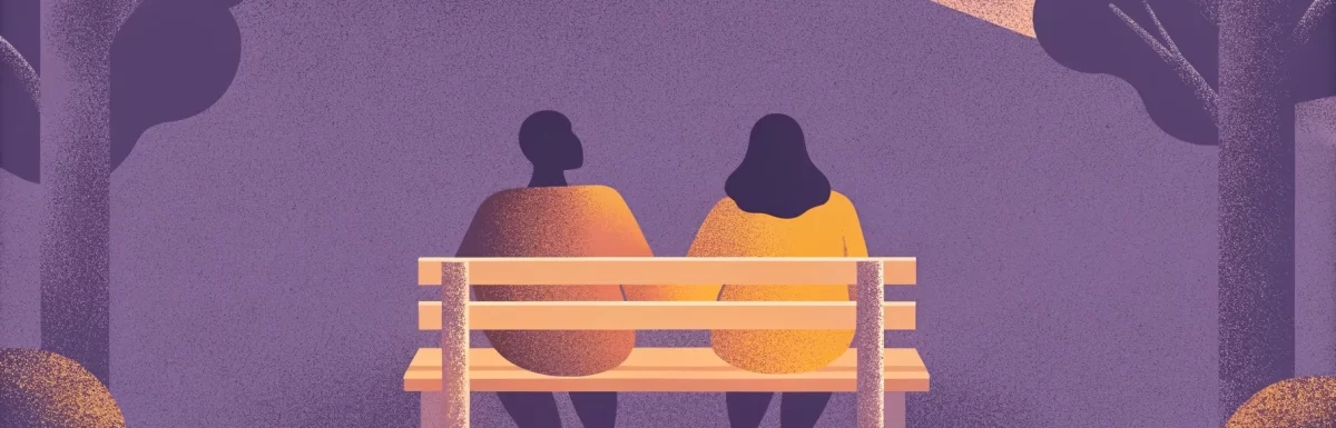 Illustration of two people sitting on a bench under trees, with a warm light casting shadows, in a minimalist style.