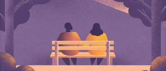 Illustration of two people sitting on a bench under trees, with a warm light casting shadows, in a minimalist style.