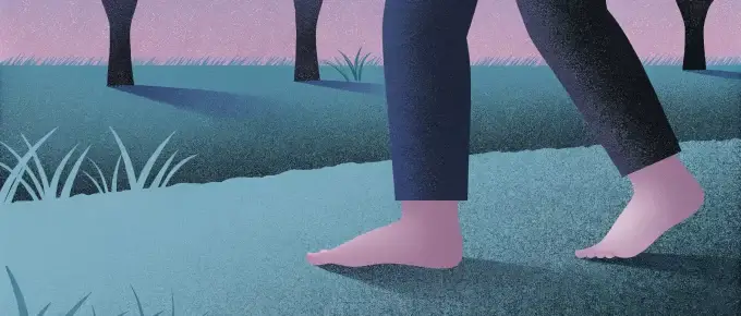 Illustration of bare feet walking on a path in a grassy field at dusk, with silhouetted trees and a gradient sky from pink to purple.