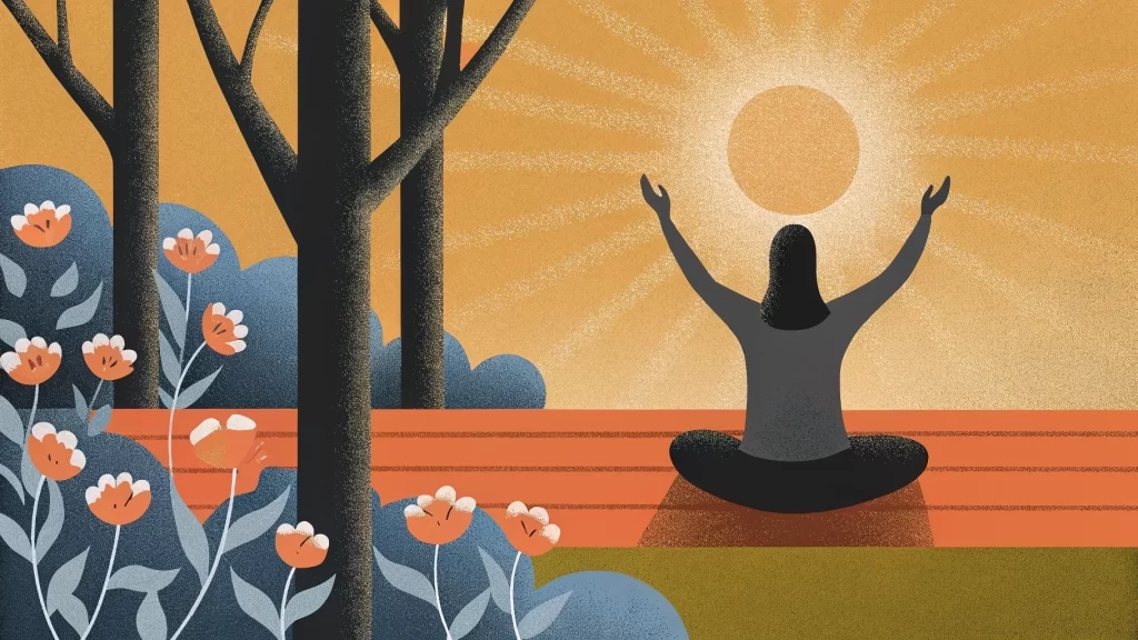 Illustration of a person meditating outdoors at sunrise, sitting cross-legged, arms raised, building solar adaptation, surrounded by trees and flowers.