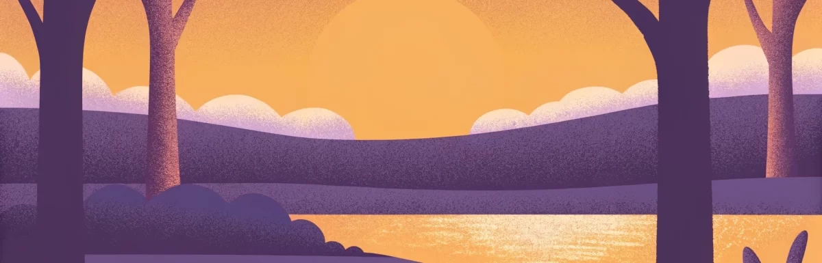 Sunset scene with trees silhouetted against an orange sky, a sun setting behind distant hills, and a reflective body of water in the foreground.