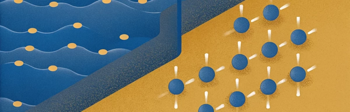 An abstract illustration with an EZ Water-inspired blue and mustard scheme showcases blue waves sprinkled with yellow dots on the left and a grid of blue circles connected by gray lines on the right, elegantly divided by a diagonal line.