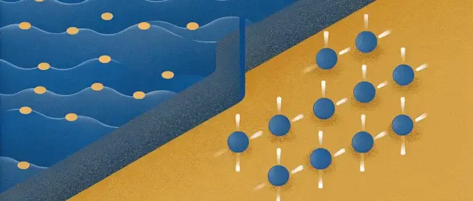 An abstract illustration with an EZ Water-inspired blue and mustard scheme showcases blue waves sprinkled with yellow dots on the left and a grid of blue circles connected by gray lines on the right, elegantly divided by a diagonal line.