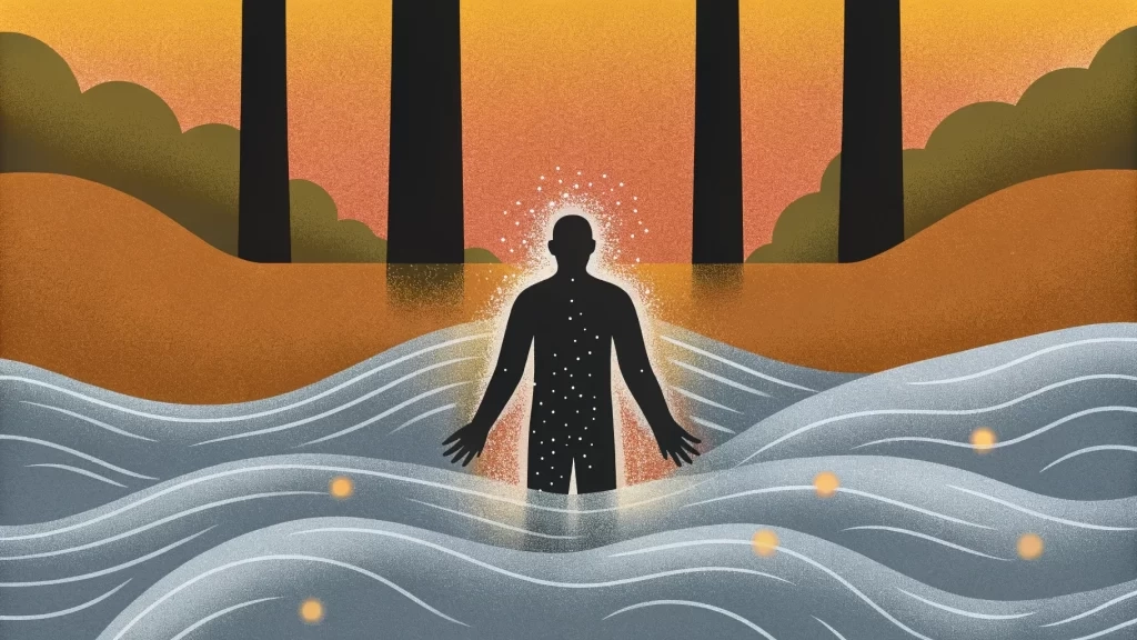 Silhouette of a person standing in wavy water, representing exclusion zone water.