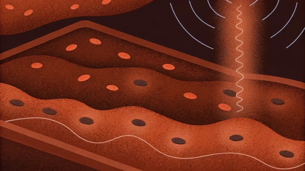 Illustration of a cross-section of soil layers with seeds, showing a beam emitting sound waves into the ground.