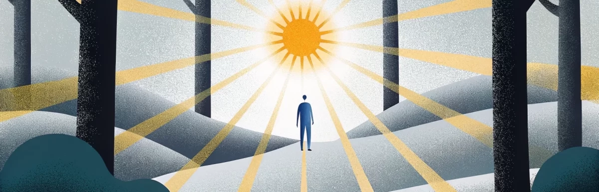 A person stands in a forest clearing under a bright sun, with rays extending across the scene. There are trees and rolling hills surrounding the figure.