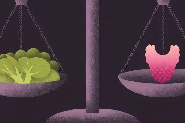 A balance scale with goitrogen broccoli on one side and a thyroid gland on the other, set against a dark background.