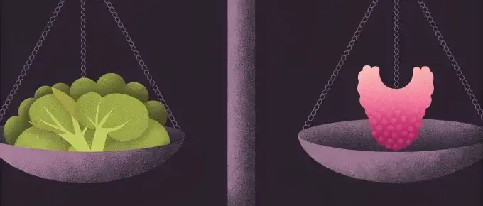A balance scale with goitrogen broccoli on one side and a thyroid gland on the other, set against a dark background.