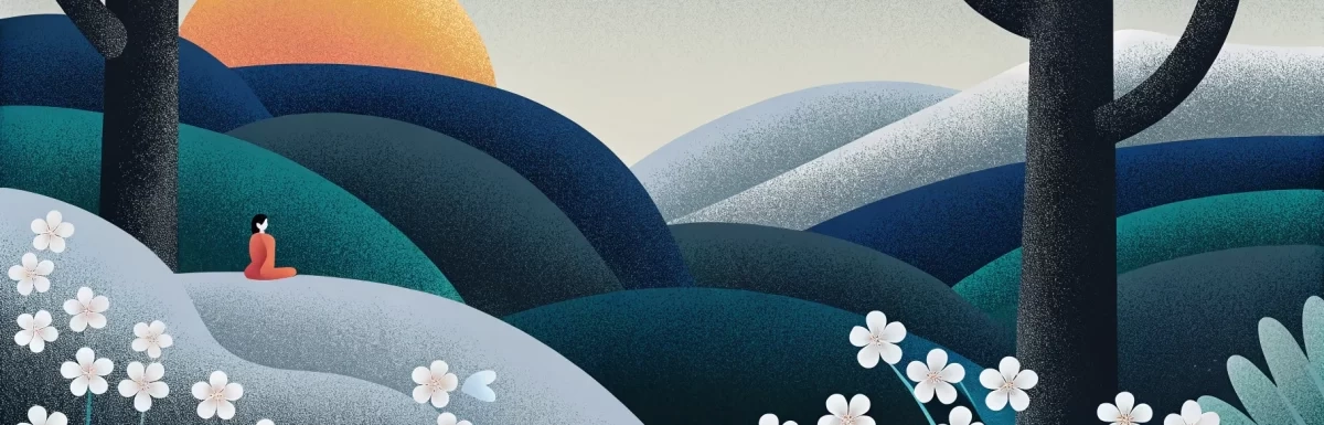 A person in red sits on a hill overlooking rolling hills and a setting sun. White flowers and tall trees frame the foreground under a cloudy sky.