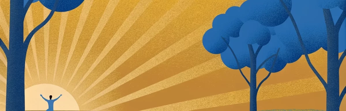 An illustration of a person stretching towards a rising sun, with stylized blue trees and rays of sunlight against a golden sky.
