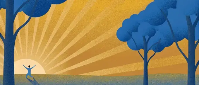 An illustration of a person stretching towards a rising sun, with stylized blue trees and rays of sunlight against a golden sky.