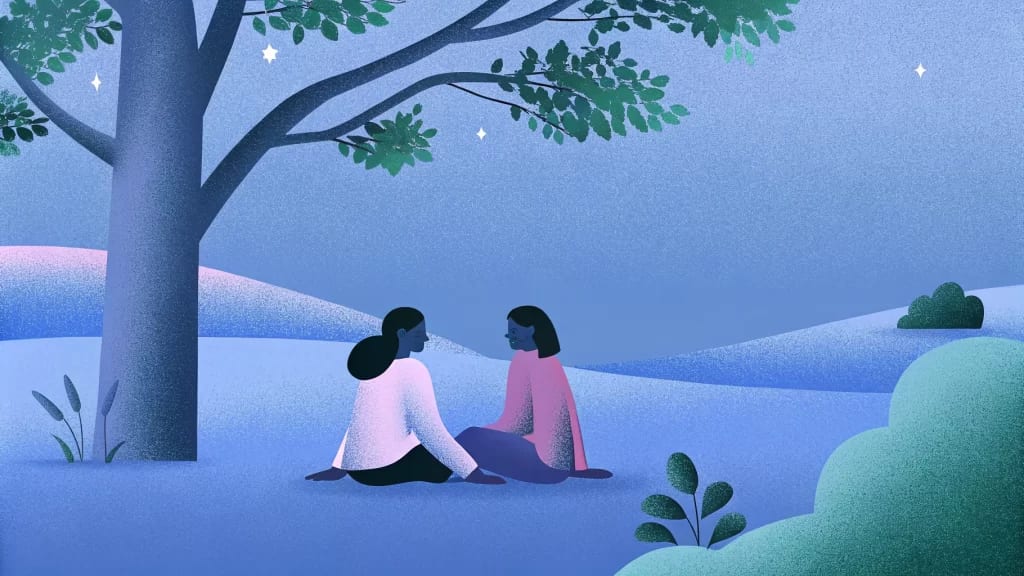 Two people sit under a tree in a serene, starry landscape with rolling hills, depicted in soft pastel colors. Their peaceful presence reflects healthy relationship boundaries, embraced by the calm of the night sky.