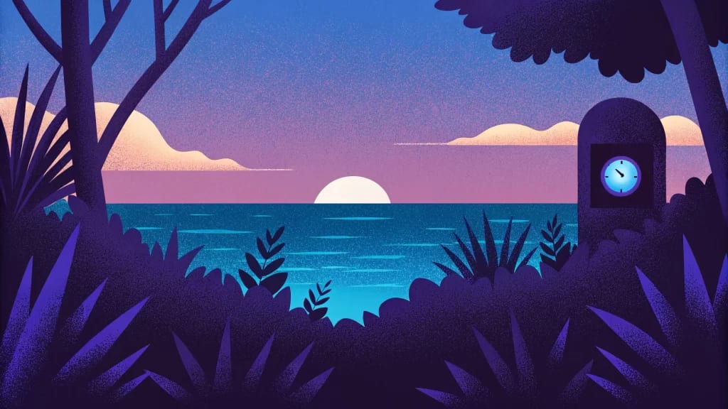 Sunset over the ocean with purple and pink sky, framed by silhouetted trees and bushes. A small clock is on a tree to the right.