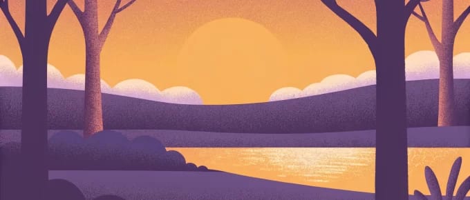Sunset scene with trees silhouetted against an orange sky, a sun setting behind distant hills, and a reflective body of water in the foreground.