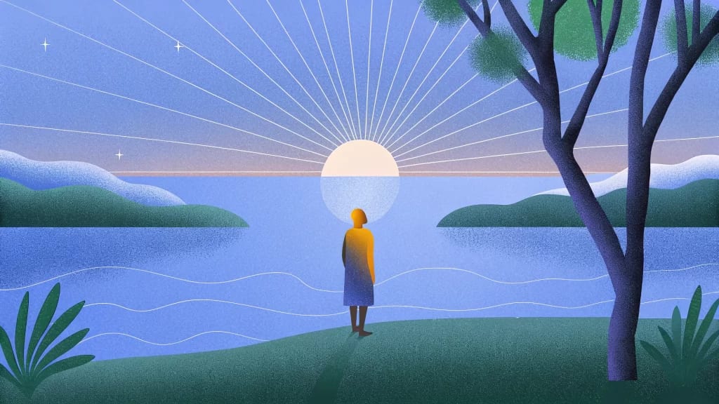 Person in yellow coat stands by a lake at sunrise, surrounded by trees and hills, with lines radiating from the sun.